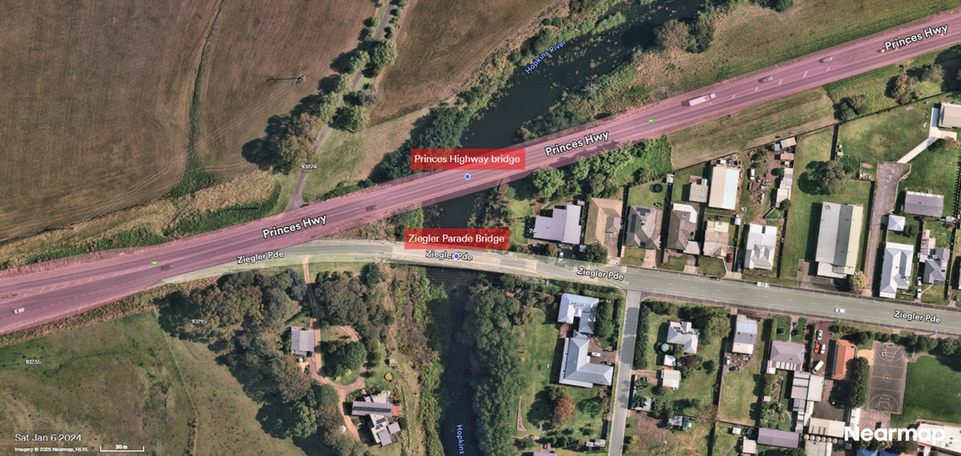 Aerial image of Allansford bridges.