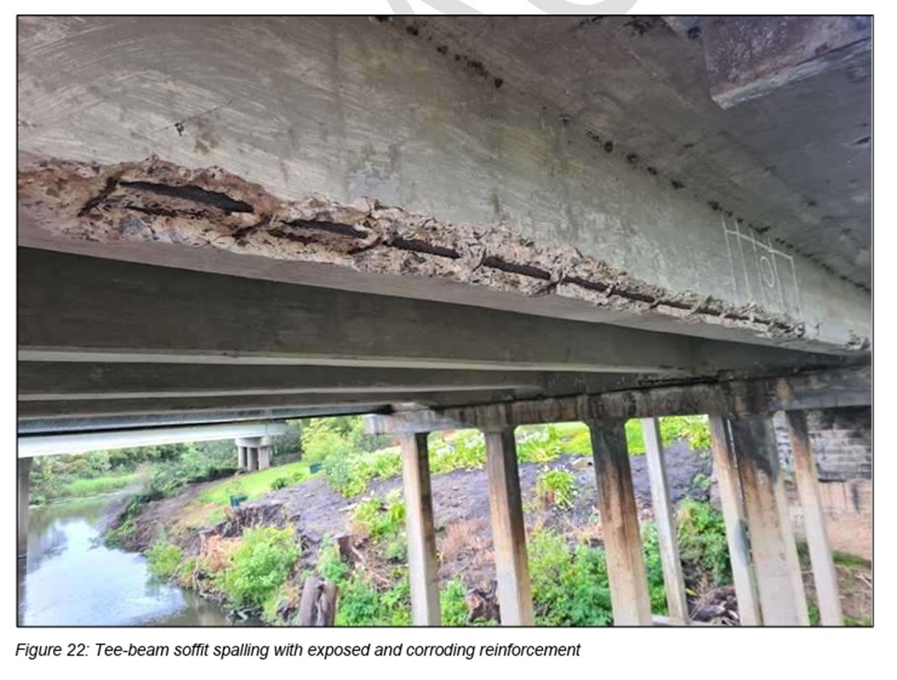Spalling on a T-beam of the Allansford Bridge.
