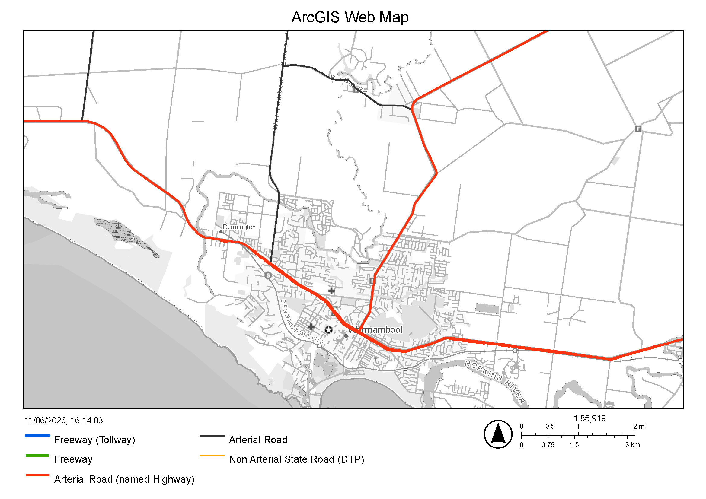 Department of Transport image of Victorian Government-managed roads in the Warrnambool region.