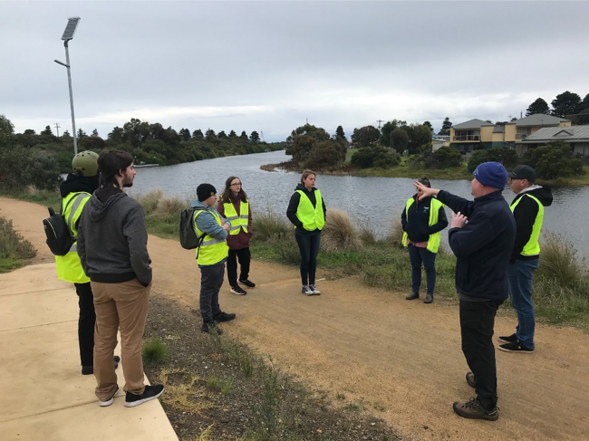 The group hearing from Stephen Ryan at the Glenelg Hopkins Catchment Management Authority and Justin Harzmeyer from Fishcare Victoria. 