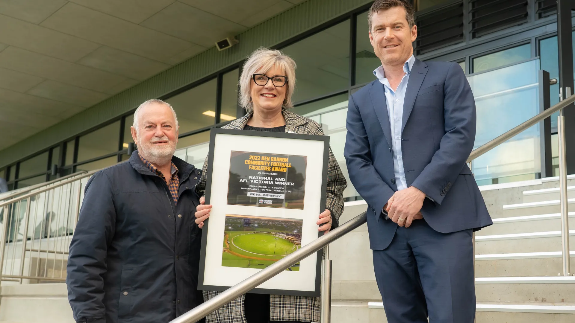 Ken Gannon with Mayor Debbie Arnott and Head of AFL Victoria Ben Kavenagh