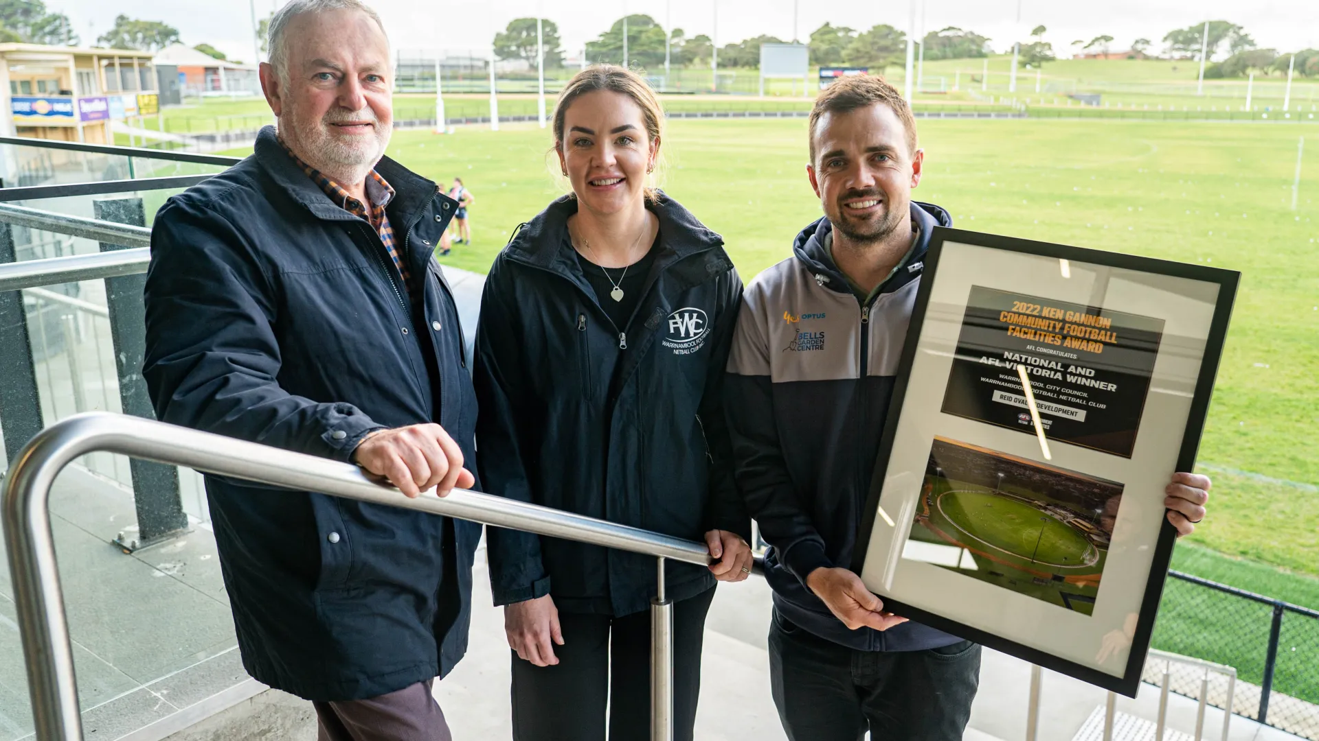 Ken Gannon with Warrnambool FNC senior women's football coach Clare Tilley and senior men's coach Daniel O'Keefe