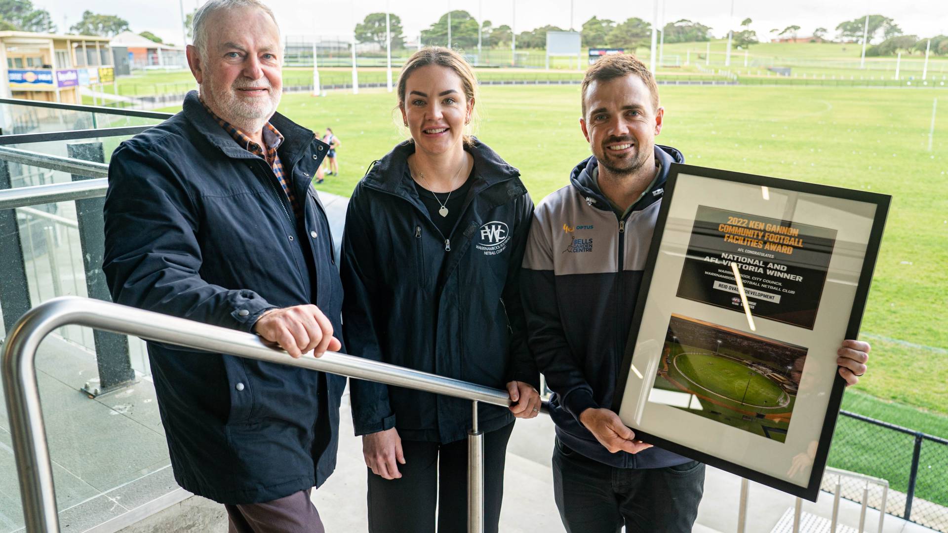 Ken Gannon with Warrnambool FNC senior women's football coach Clare Tilley and senior men's coach Daniel O'Keefe