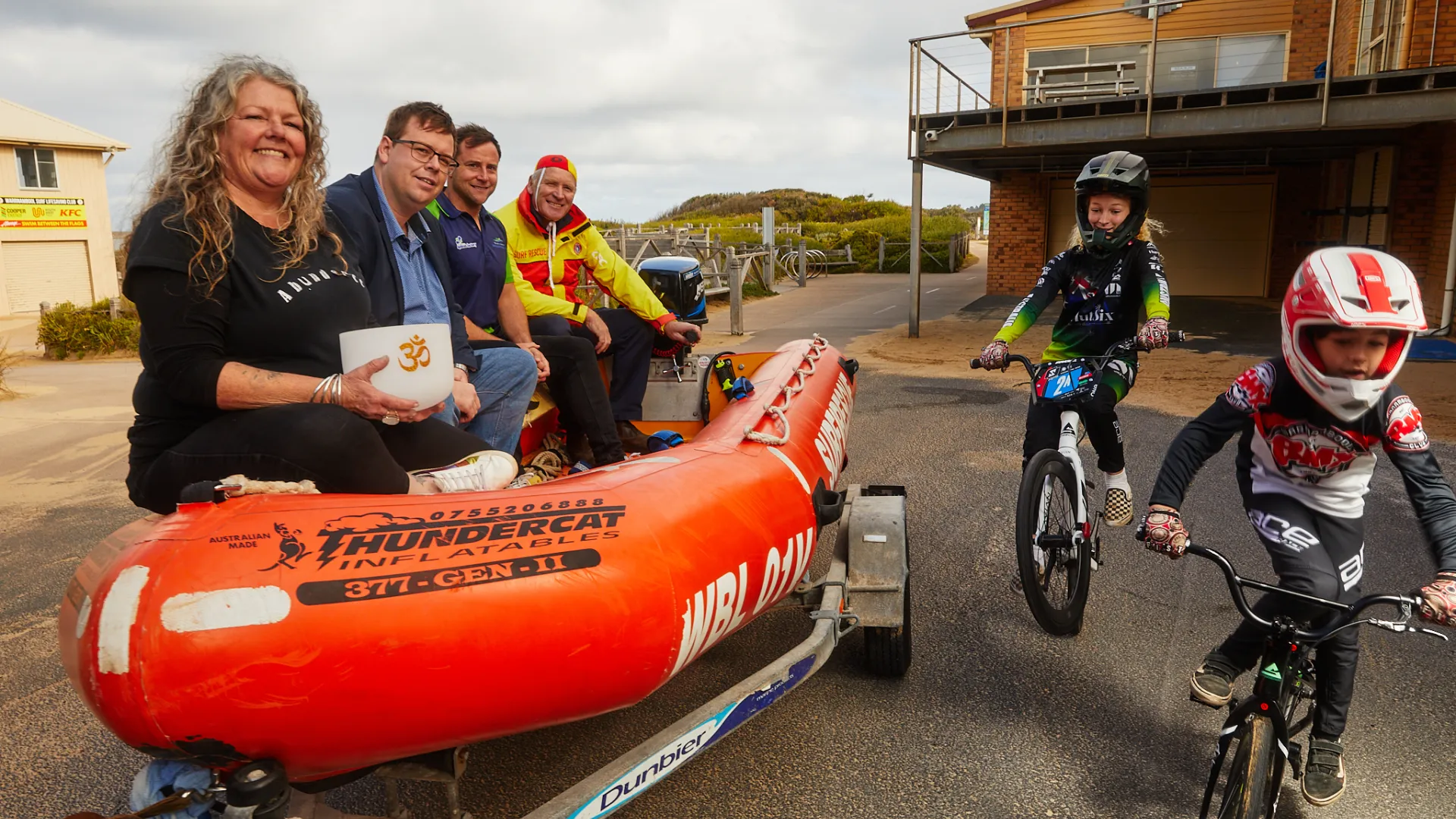 Christina Chilton from the Warrnambool Yoga Festival, Warrnambool Mayor Cr Ben Blain, Warrnambool Swimming Club Coach Josh Sobey, Warrnambool Surf Life Saving Club President John McNeil and BMX competitors Milla and Tate Rentsch.