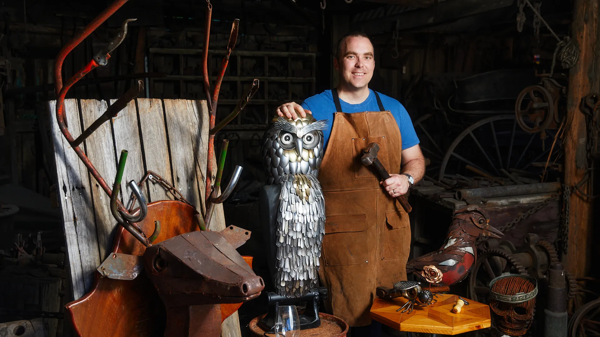 David Brozinski with a selection of his sculptures