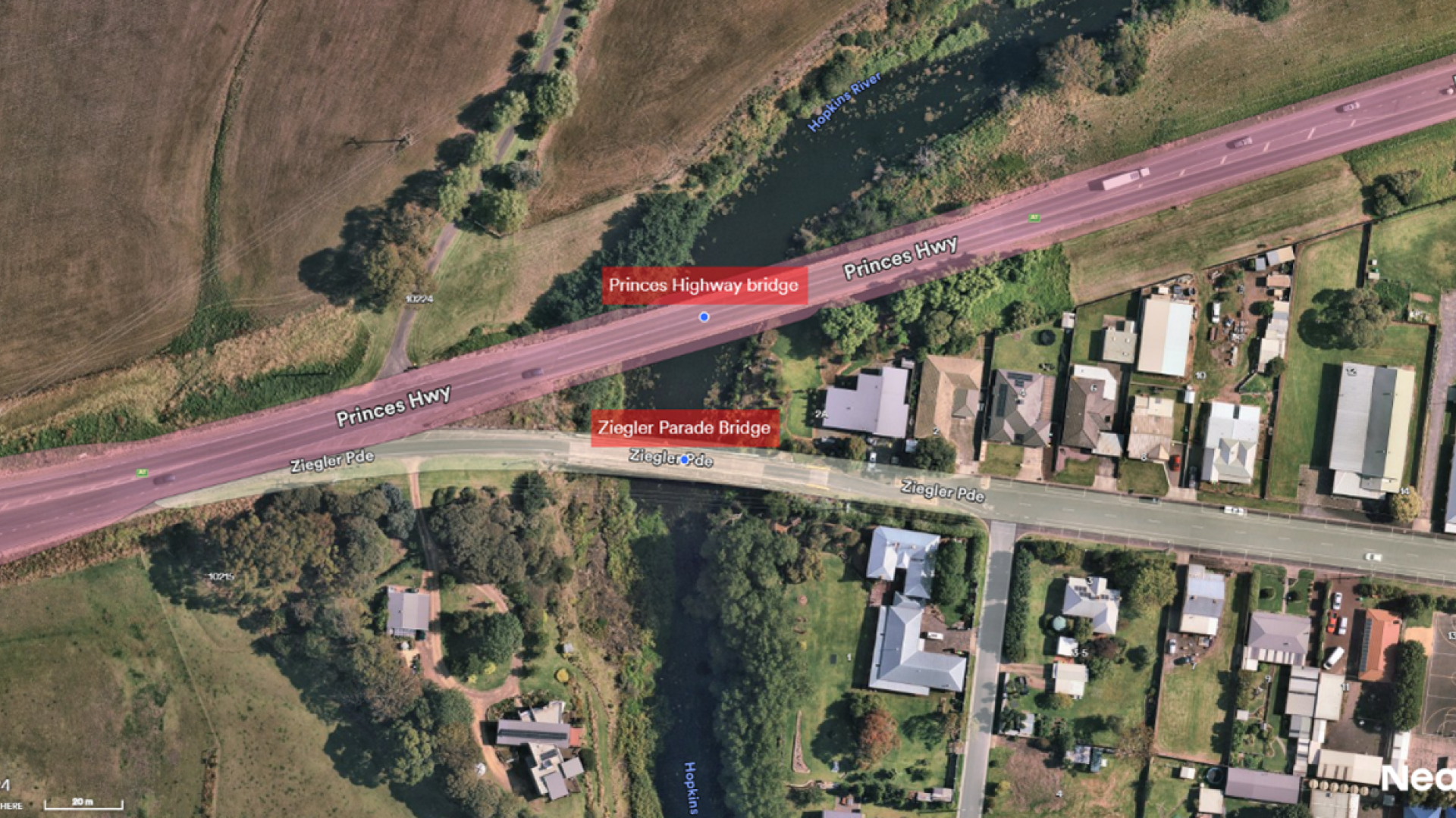 Aerial view of Allansford bridges.