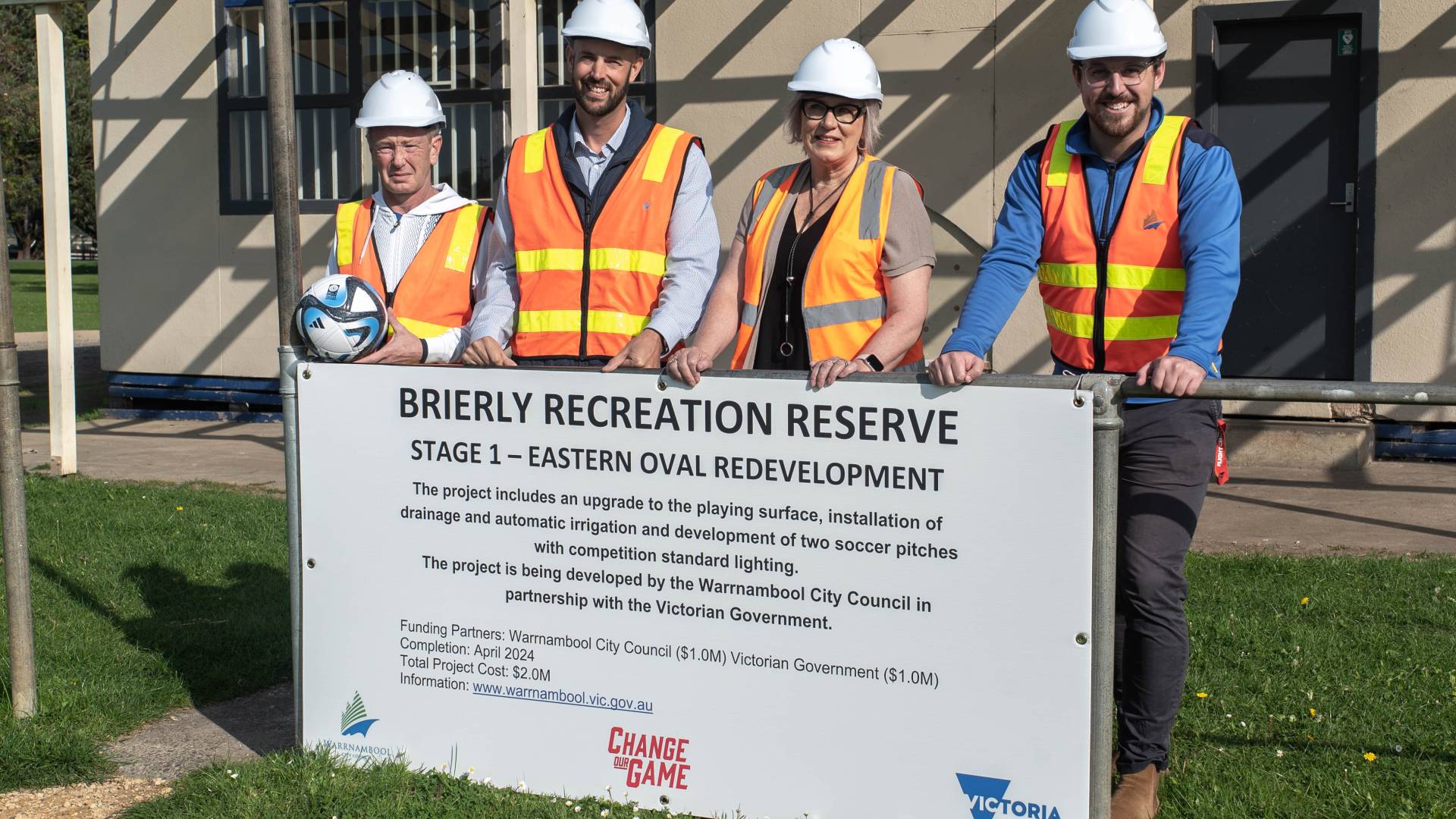 Warrnambool Rangers coach and committee member Garrett Wyse, Brierly Christ Church Cricket Club Treasurer Matt Colla, Warrnambool Mayor Cr Debbie Arnott and Brierly Christ Church Cricket Club Vice President Lachie Rooke