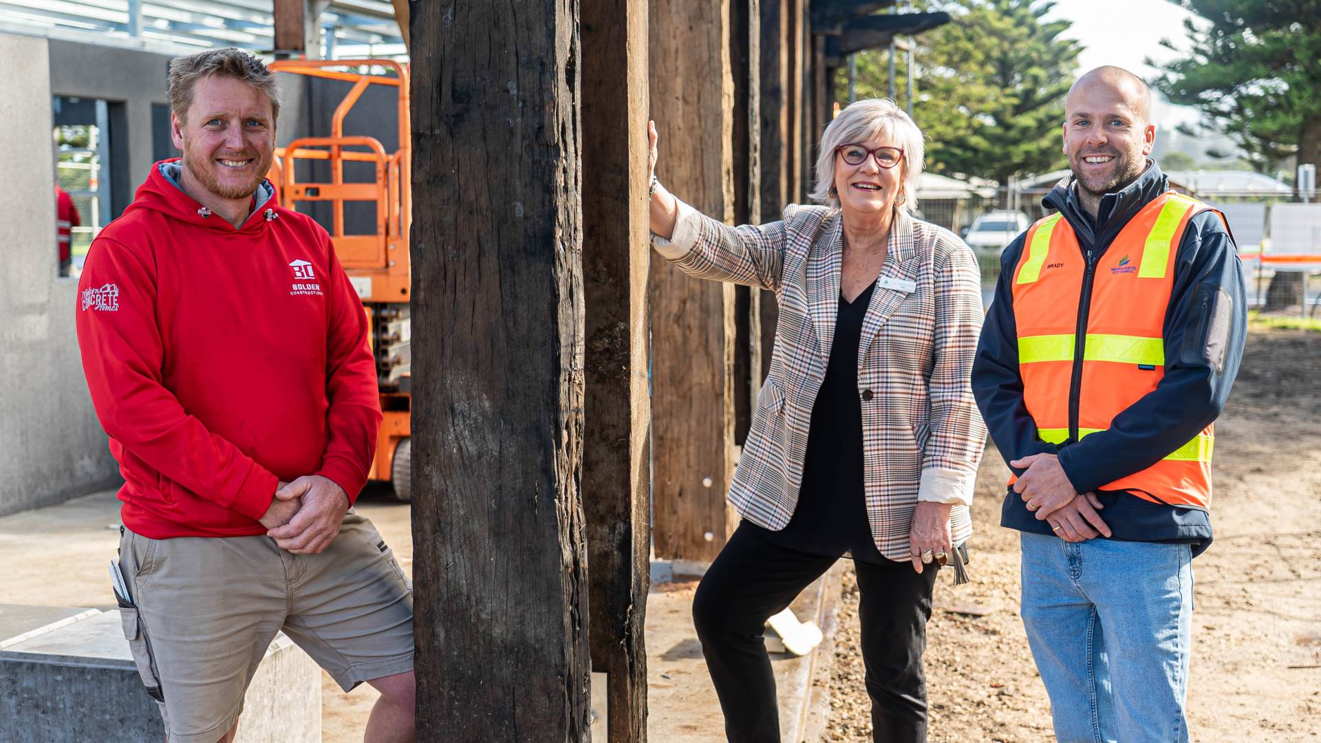 Bolden Constructions Owner Leigh Dufty, Warrnambool Mayor Cr Debbie Arnott and Warrnambool City Council Project Manager Brady Hall