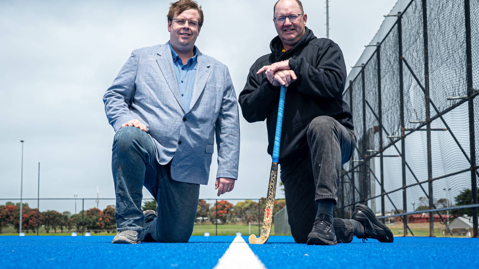 Warrnambool Mayor Ben Blain with South West Hockey President Mark Bridge