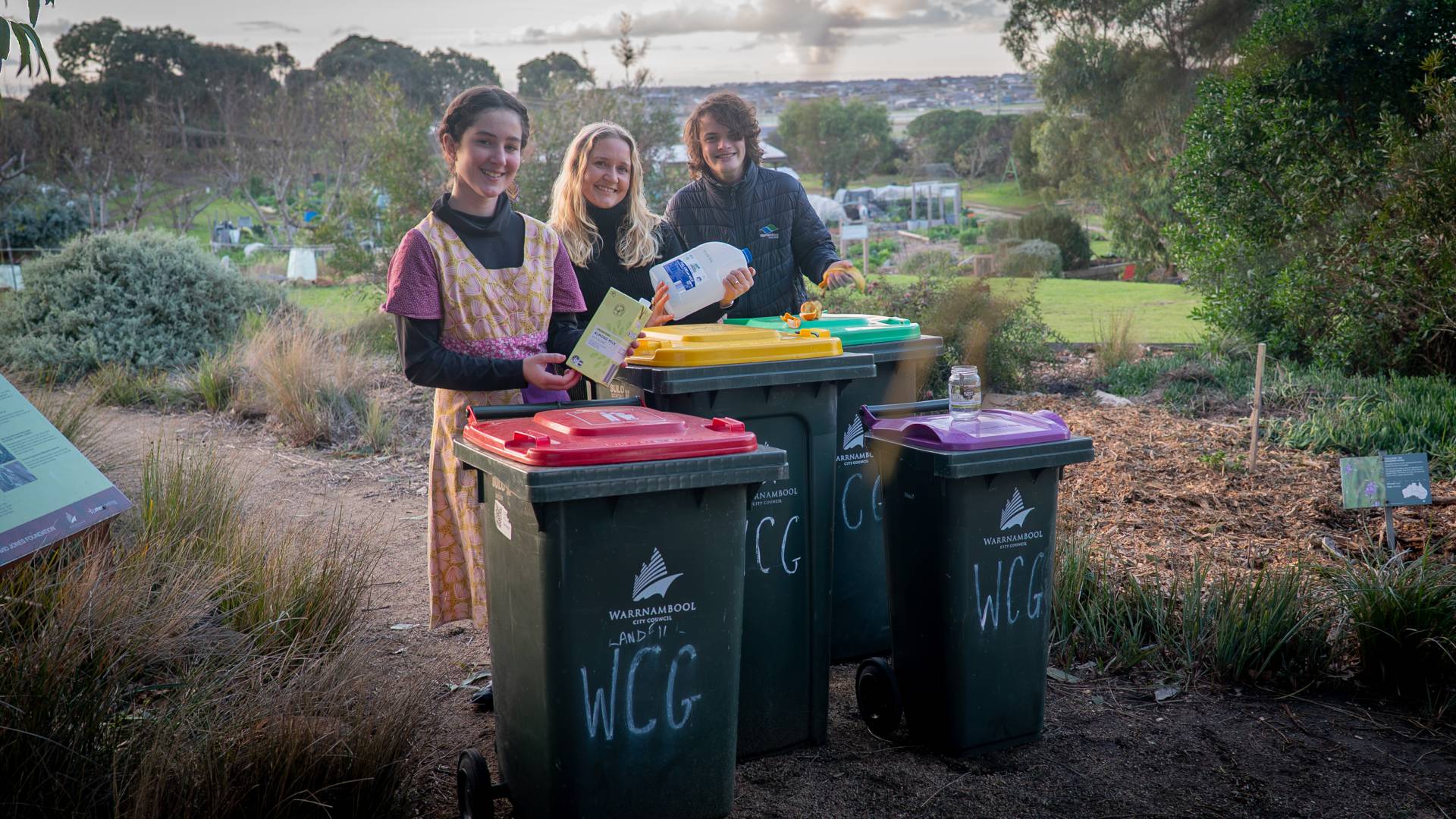 Green Futures Now members Amelia Dumesny and Edward Higgins with Warrnambool Community Garden Convenor Courtney Mathew (centre)