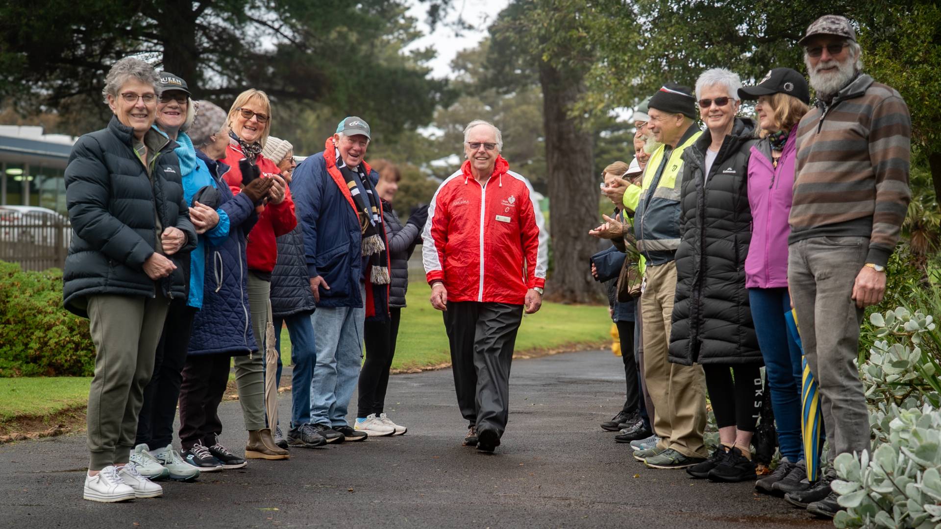 Trevor Hearfield with Deputy Mayor Vicki Jellie (left) and Heart Foundation Walking Group members