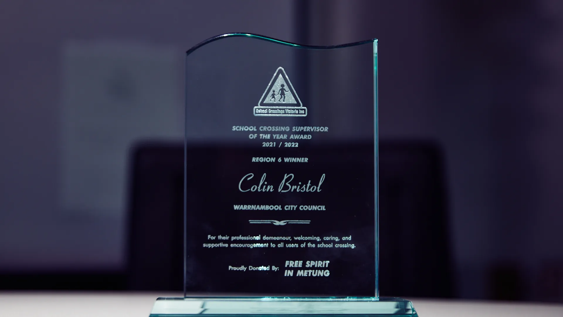 Colin's award trophy for best crossing supervisor in region 6 (south-west Victoria).