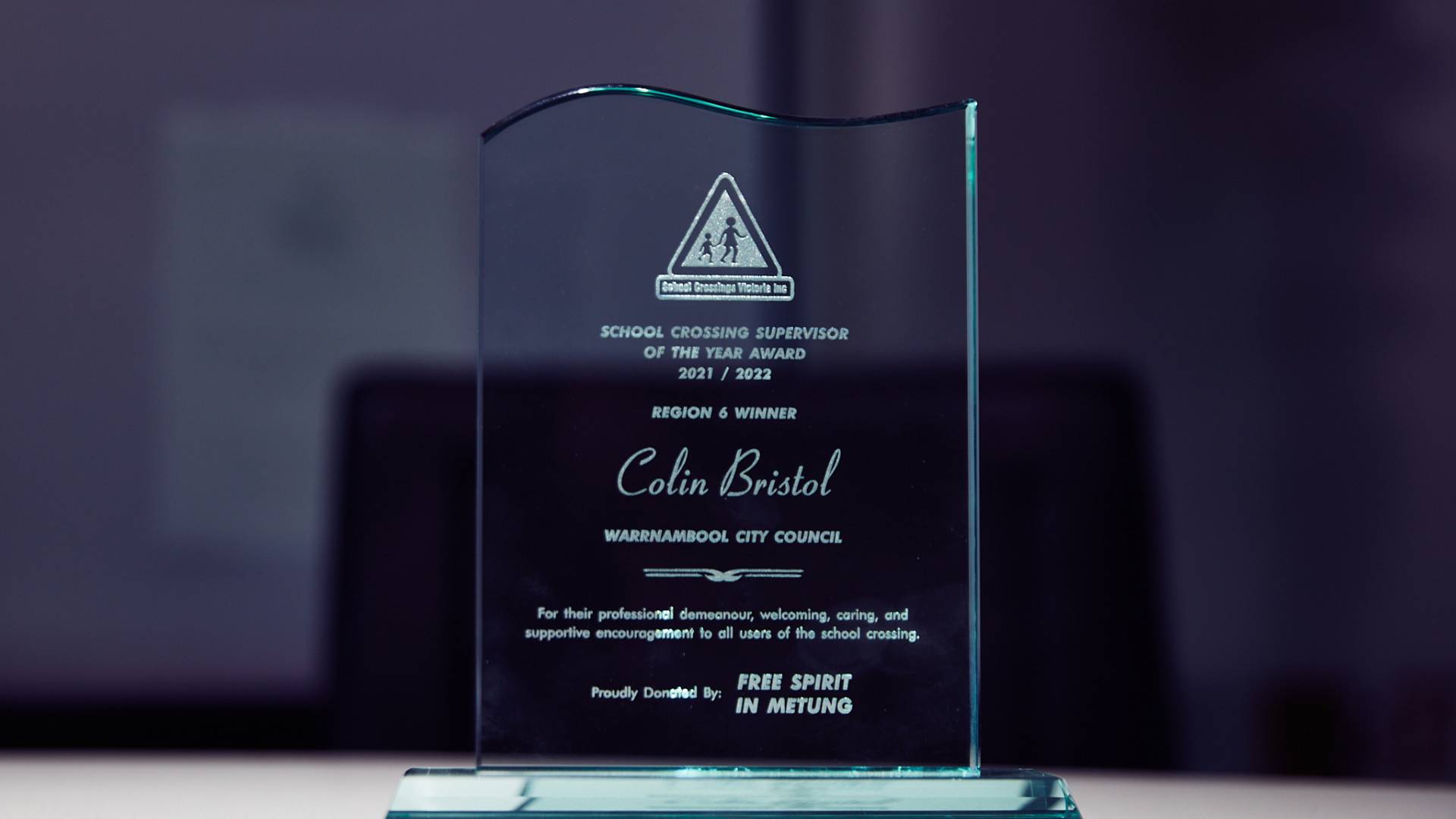 Colin's award trophy for best crossing supervisor in region 6 (south-west Victoria).