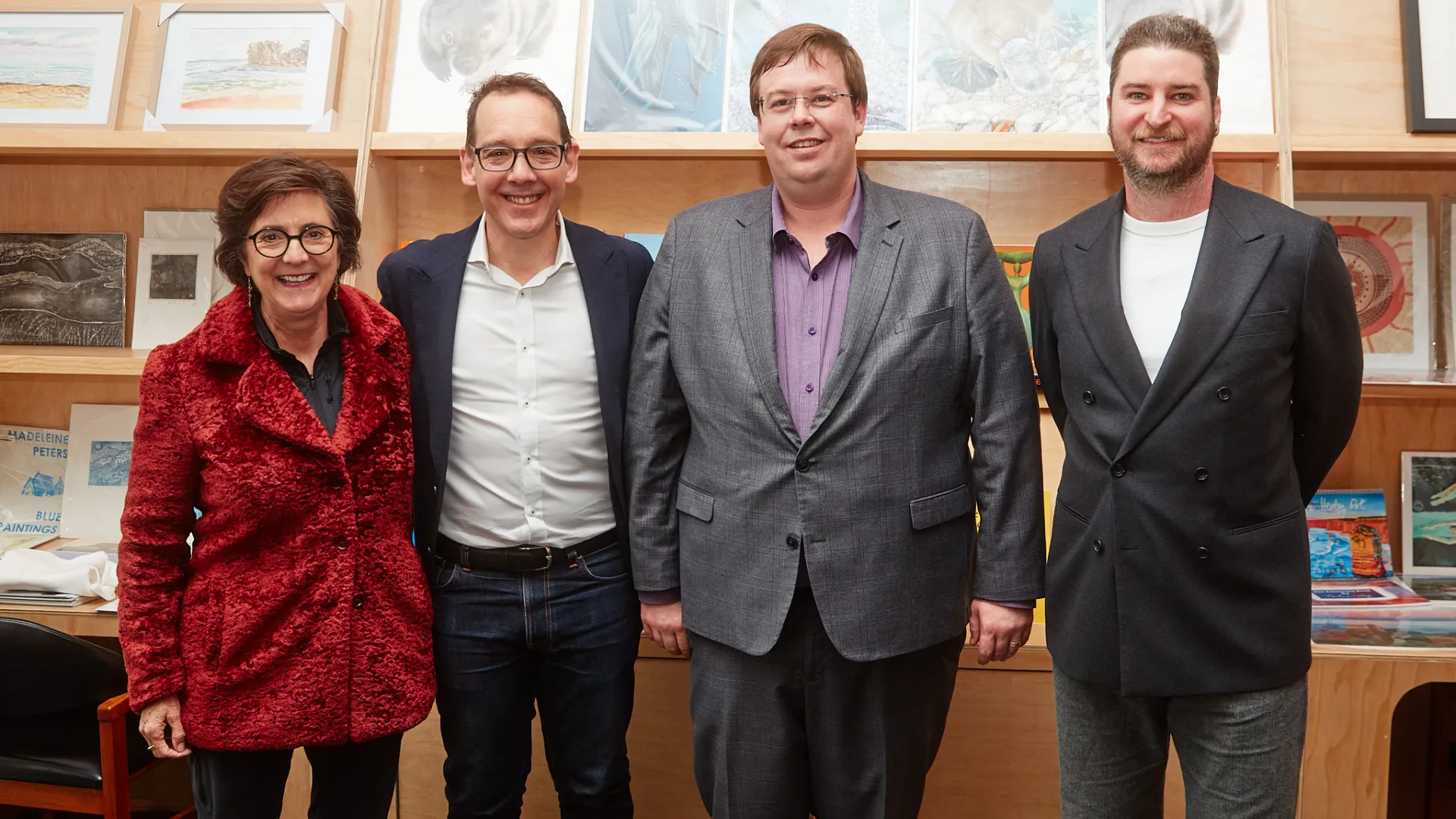 Jacinta Ermacora, Minister Dimopoulos, Cr Ben Blain and gallery director Aaron Bradbrook.