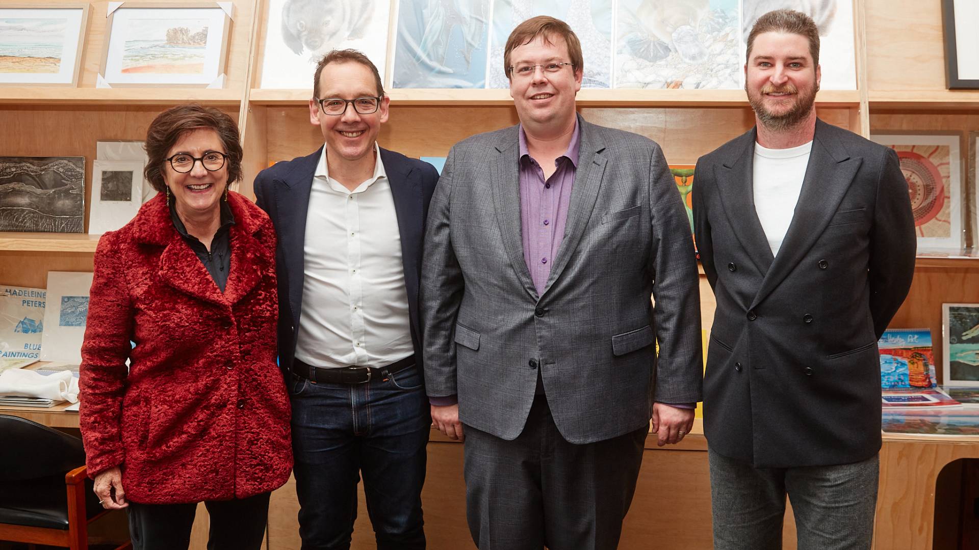 Jacinta Ermacora, Minister Dimopoulos, Cr Ben Blain and gallery director Aaron Bradbrook.