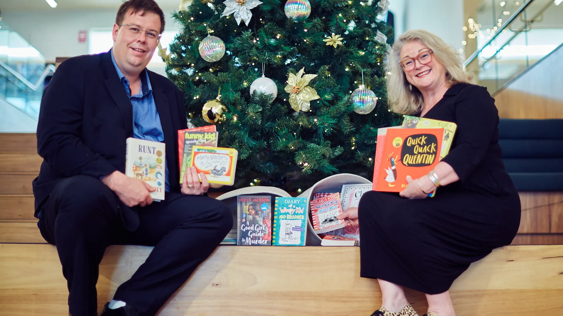 Mayor Ben Blain and Library Manager Maryanne Vagg at the library's Christmas tree.
