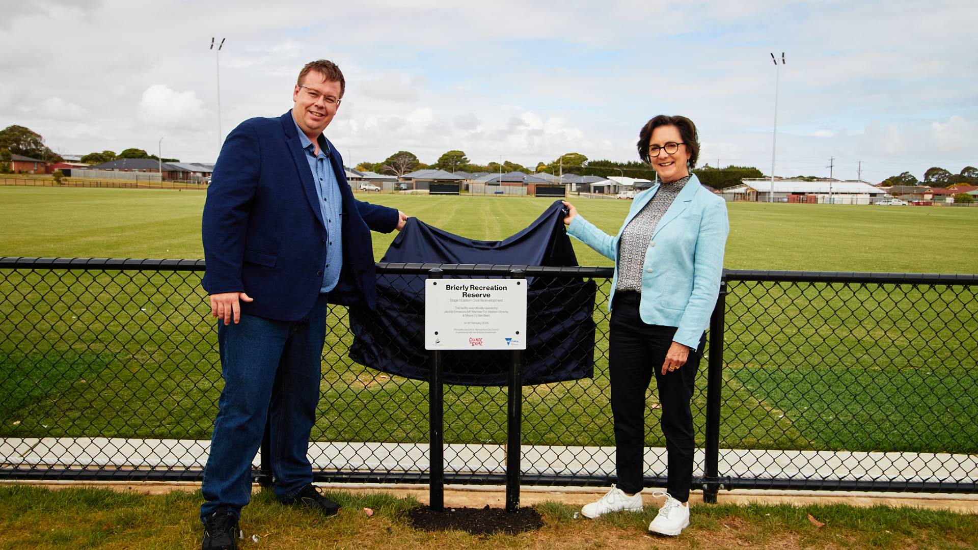 Mayor Ben Blain and member for Western Victoria Jacinta Ermacora MP officially open the upgraded Eastern Oval.