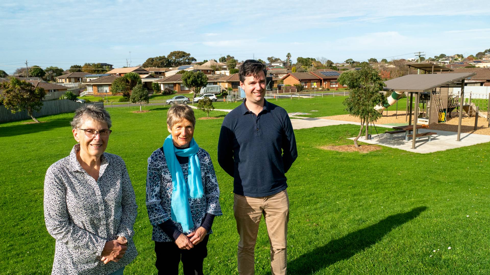 Cr Vicki Jellie, Rosalie Meadows and John Finnerty at Pecten Avenue Park