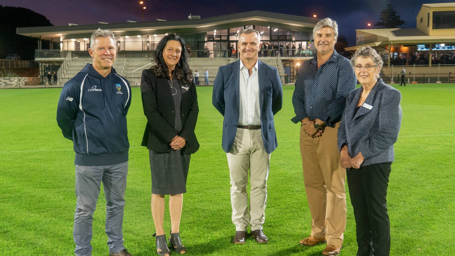 Cricket Victoria Renegades Area Manager Chris Harris, Christine Couzens MP, AFL Head of Facilities and Local Government Partnerships Shayne Ward, former Warrnambool Mayor Tony Herbert and Warrnambool Mayor Cr Vickie Jellie