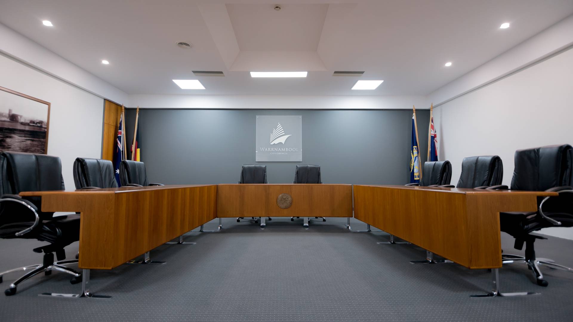 Seats and desks in the Council chambers.