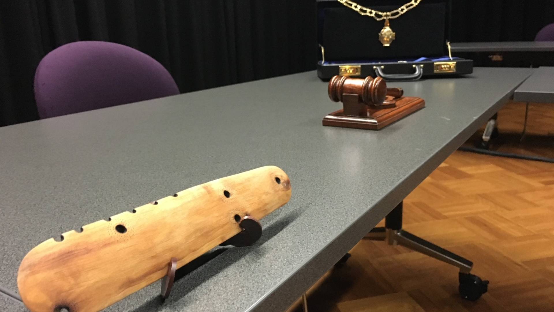 Mayoral chains, gavel and Gunditjmara ceremonial shield representation. 