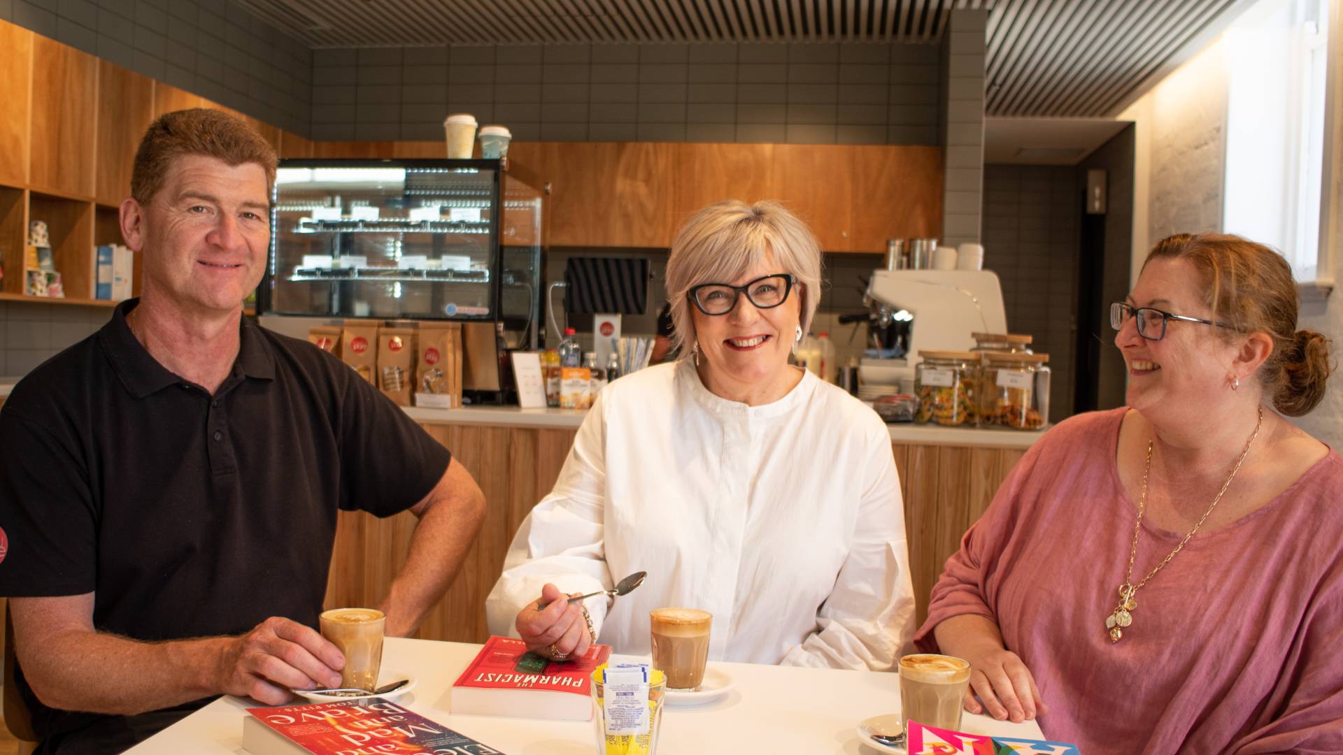 Tasty Plate Catering Manager Steve Weber, Mayor Cr Debbie Arnott and Tasty Plate Executive Manager Maree Wyse at the Library cafe.