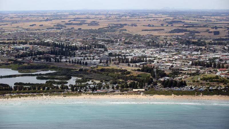 Aerial view from the coast looking inland across Warrnambool.