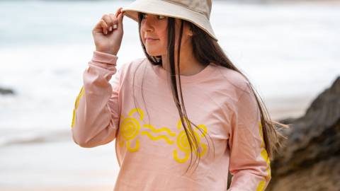 Jalya Debono (Keeray Whurrong) featuring the Ngatook Collective range ‘On Country’ south-west Victoria for Warrnambool Art Gallery, 2021. Photo by Alice Miles. The Ngatook Collective is supported by the Victorian Government Office for Women. 