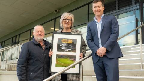 Ken Gannon with Mayor Debbie Arnott and Head of AFL Victoria Ben Kavenagh
