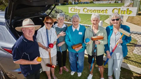 Warrnambool City Croquet Club Vice President and Community Activation Officer John Pattison, Valda Johnstone, Marlene Spicer, Bev Grant, Elwyn Jasper and Jeanette Feeney