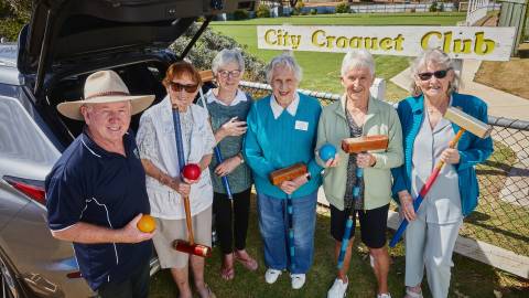 Warrnambool City Croquet Club Vice President and Community Activation Officer John Pattison, Valda Johnstone, Marlene Spicer, Bev Grant, Elwyn Jasper and Jeanette Feeney