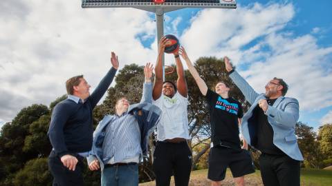 Warrnambool City Council CEO Andrew Mason, Mayor Ben Blain, Warrnambool Storm players Arcaim Lallemand and Harry McGorm, Councillor Matthew Walsh.