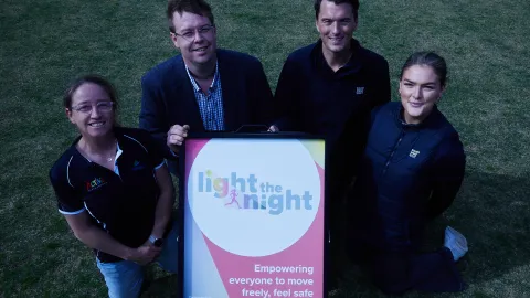 Warrnambool City Council Service Manager Recreation Kyme Rowe, Mayor Ben Blain, South West Sport Executive Officer Will Jamison and Community Activation and Engagement Officer Inika Tobin-Salzman  