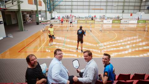  Pickleball Victoria President and Warrnambool Pickleball Open Tournament Director Mark Taylor, Mayor Ben Blain, CEO Andrew Mason, Warrnambool City Pickleball President Dave Watson.