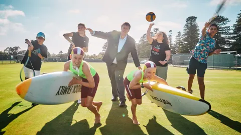 Back row: Theo Uren, Olivia Uren, Mayor Ben Blain, Tanya Hughes and Sonny Mehmi. Front row: Harry and Lenny Chiller 