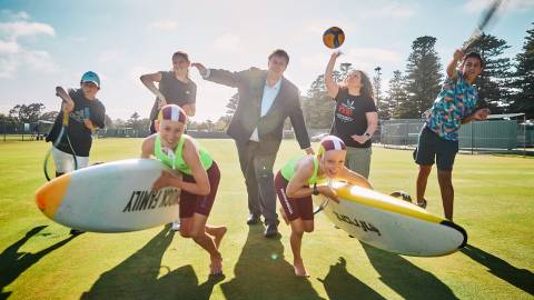 Back row: Theo Uren, Olivia Uren, Mayor Ben Blain, Tanya Hughes and Sonny Mehmi. Front row: Harry and Lenny Chiller 