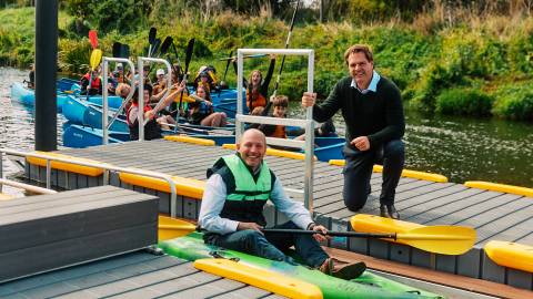 Glenelg Hopkins CMA CEO Adam Bester, Warrnambool City Council CEO Andrew Mason and Emmanuel College students