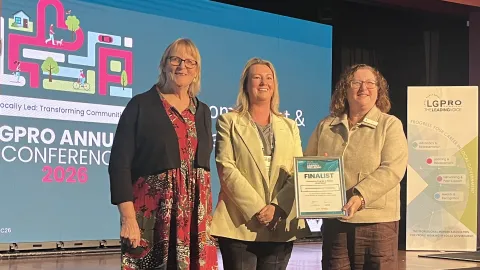 Clare Vaughan and Maree Wyse accept the high commendation at the LGPro awards.