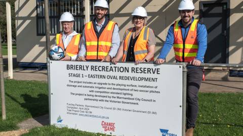 Warrnambool Rangers coach and committee member Garrett Wyse, Brierly Christ Church Cricket Club Treasurer Matt Colla, Warrnambool Mayor Cr Debbie Arnott and Brierly Christ Church Cricket Club Vice President Lachie Rooke