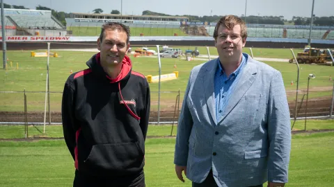 Premier Speedway General Manager Michael Parry and Warrnambool Mayor Ben Blain at Premier Speedway