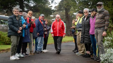 Trevor Hearfield with Deputy Mayor Vicki Jellie (left) and Heart Foundation Walking Group members