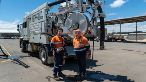 Will Sloan and Nathan Hatherall with the new jet/vac truck