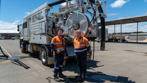 Will Sloan and Nathan Hatherall with the new jet/vac truck