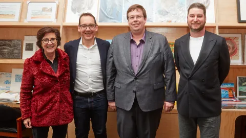 Jacinta Ermacora, Minister Dimopoulos, Cr Ben Blain and gallery director Aaron Bradbrook.