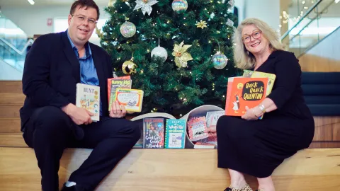 Mayor Ben Blain and Library Manager Maryanne Vagg at the library's Christmas tree.