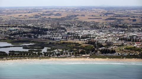 Aerial view from the coast looking inland across Warrnambool.