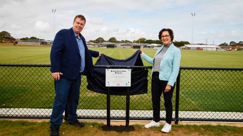 Mayor Ben Blain and member for Western Victoria Jacinta Ermacora MP officially open the upgraded Eastern Oval.