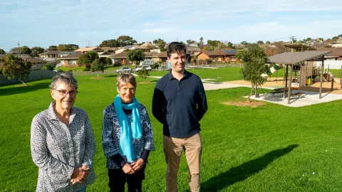 Cr Vicki Jellie, Rosalie Meadows and John Finnerty at Pecten Avenue Park
