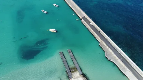 Breakwater and boat ramp, aerial view.