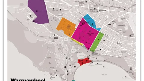 Map showing eight parking precincts in Warrnambool.